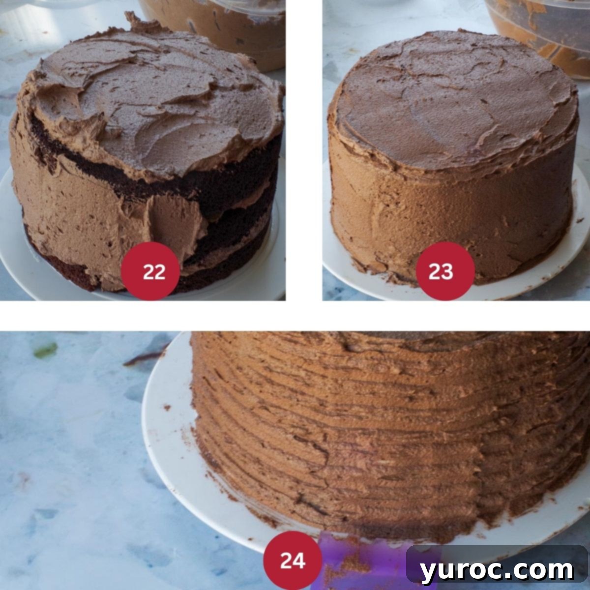 Collage of 3 photos of root beer float cake being frosted.