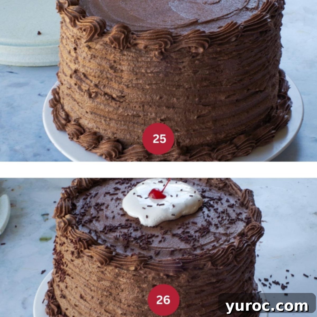 Collage of 2 photos of Root Beer Float Cake being decorated and garnished.