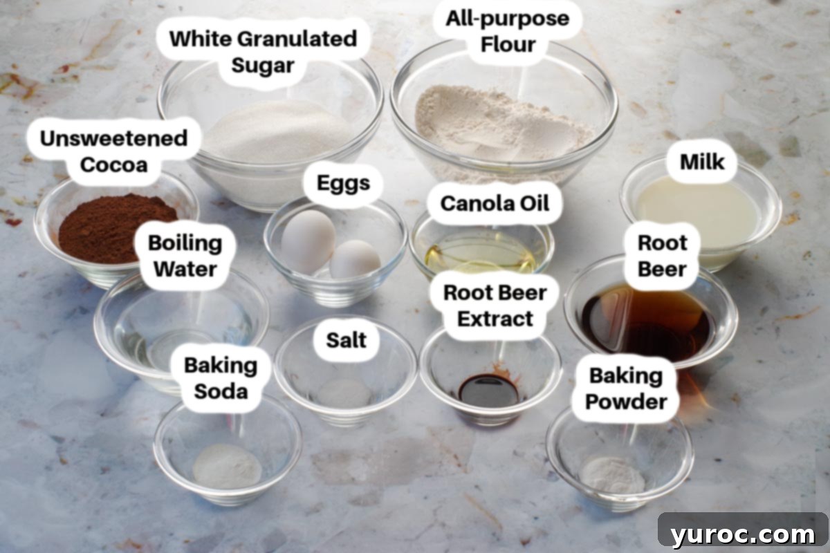 Root Beer Float Cake Ingredients in glass bowls, labelled.