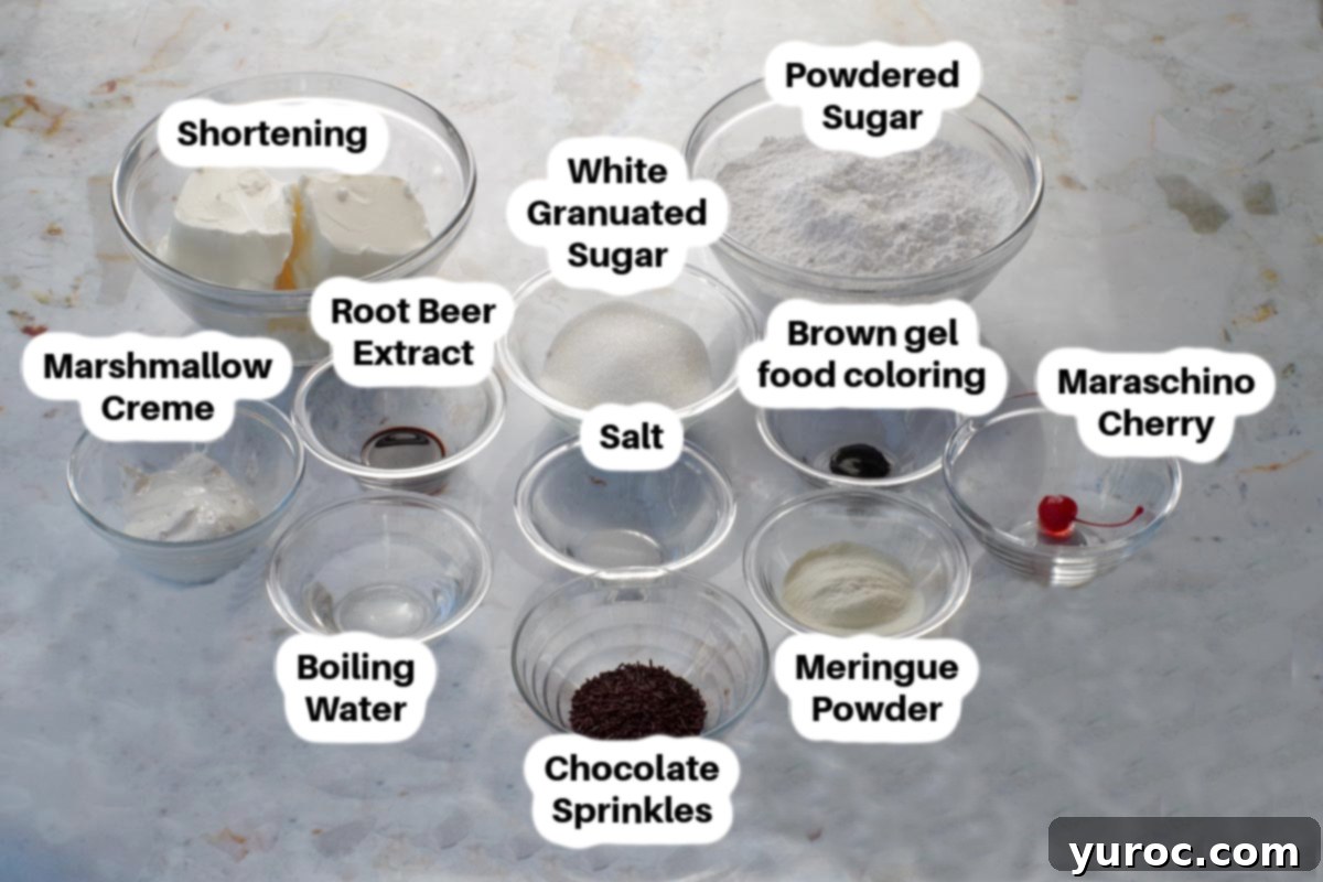 Root Beer Float Cake Frosting ingredients in glass bowls, labelled.