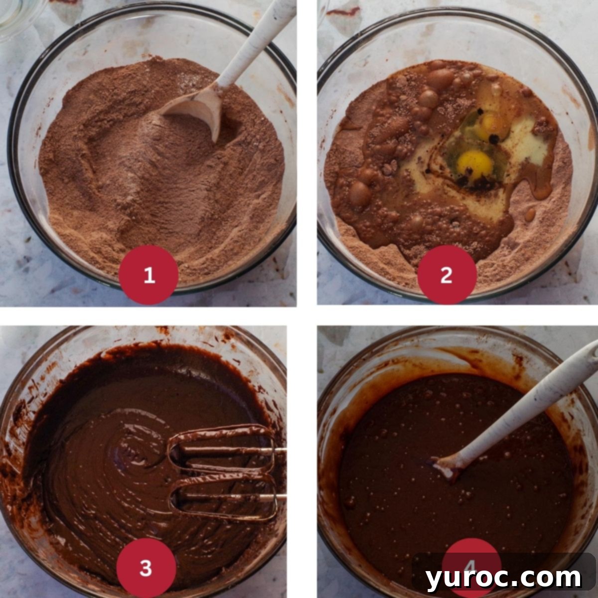 Collage of 4 photos of root beer float cake being made