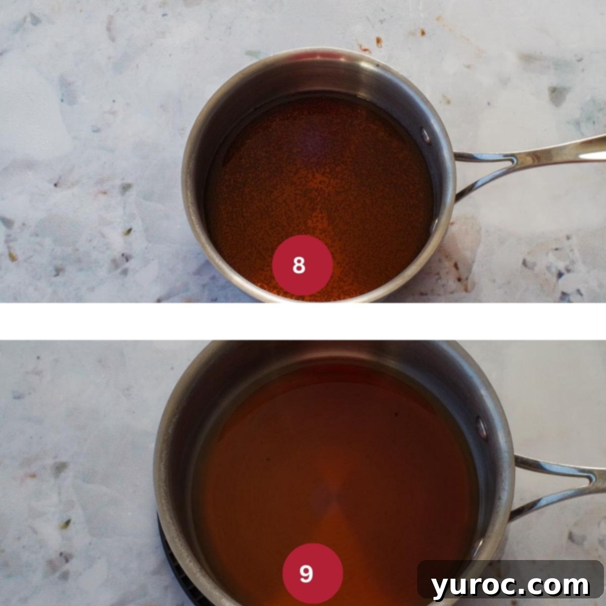 Collage of 2 photos of root beer syrup being made for root beer float cake