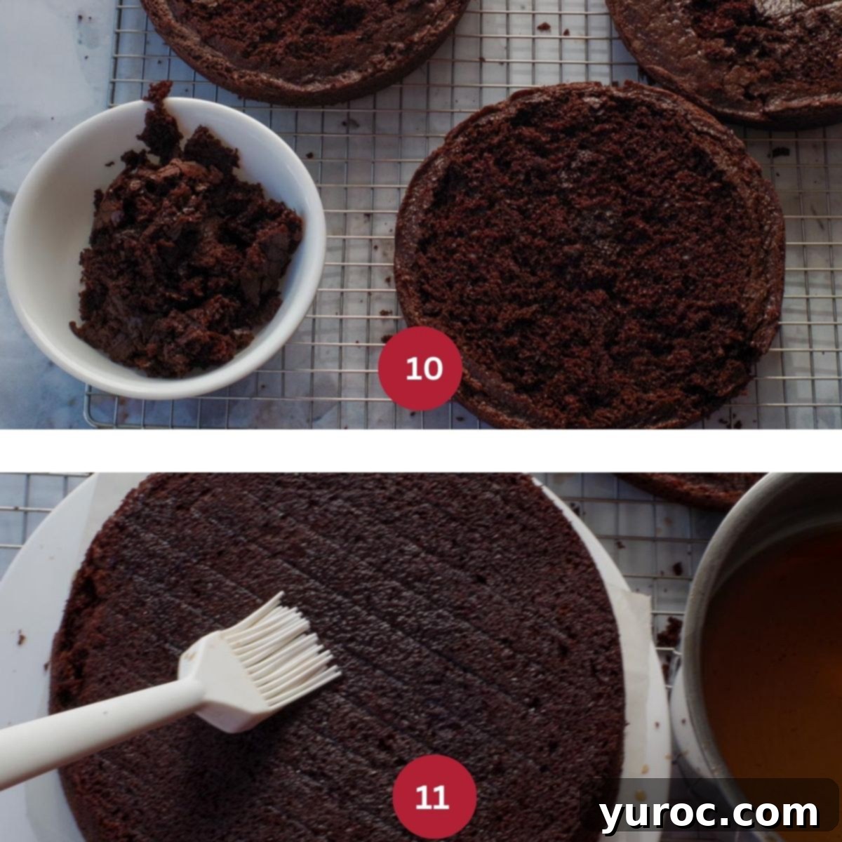 Collage of 2 photos of Root Beer Float cake being levelled and brushed with root beer syrup.