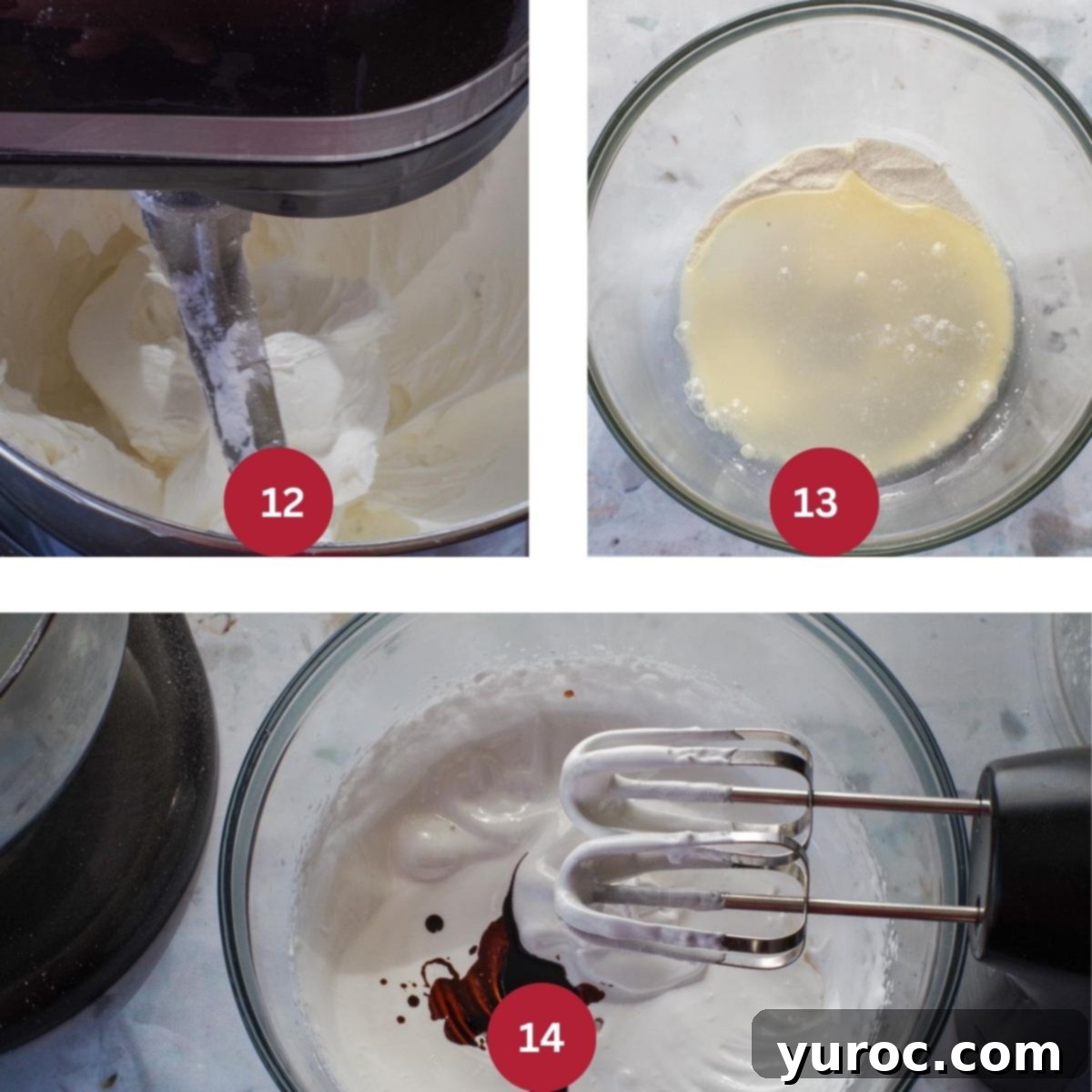 Collage of 3 photos of frosting being made.