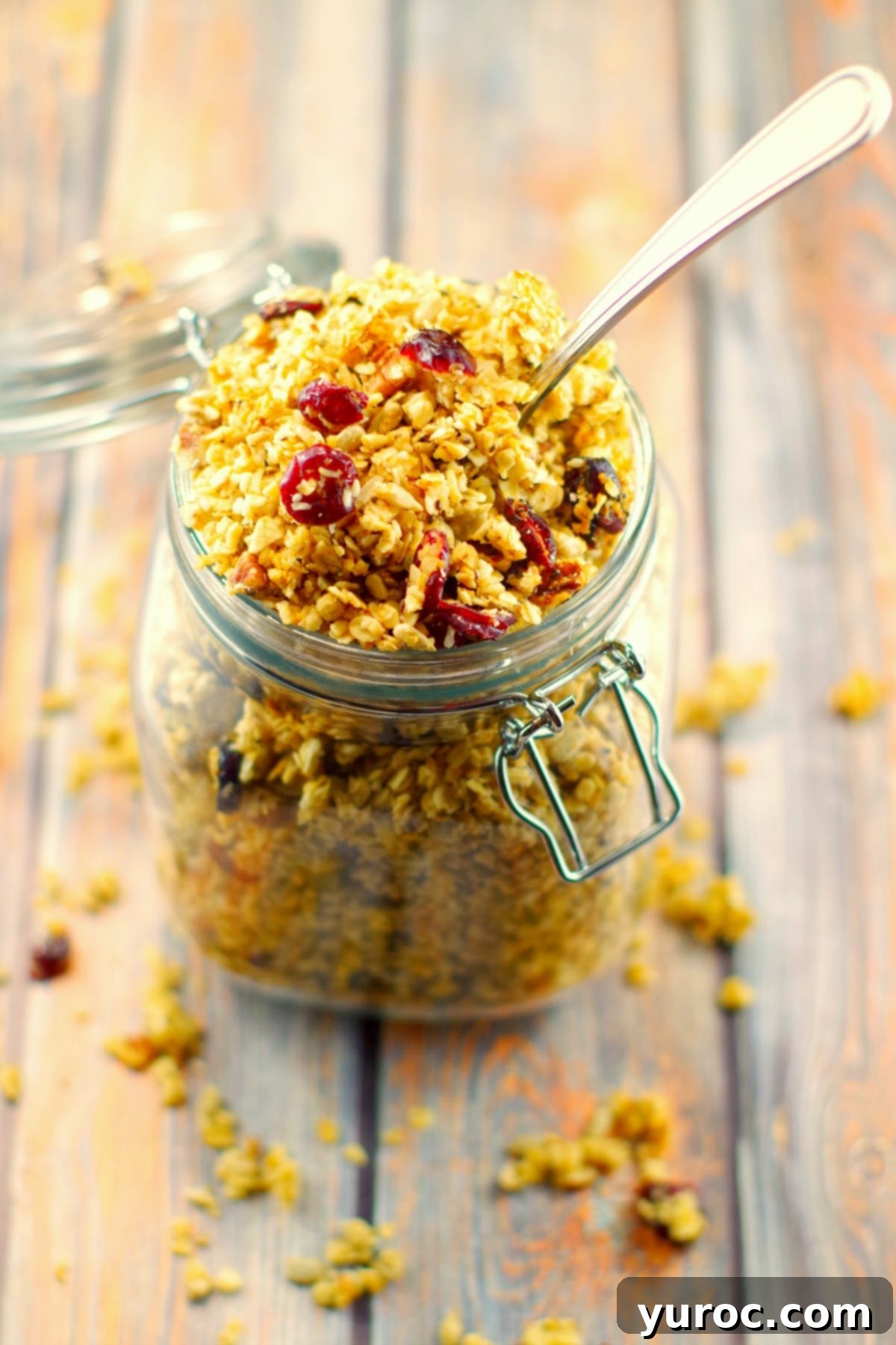 Homemade Brown Butter Pecan Granola in a bowl, showing crunchy oats, pecans, and dried cranberries.