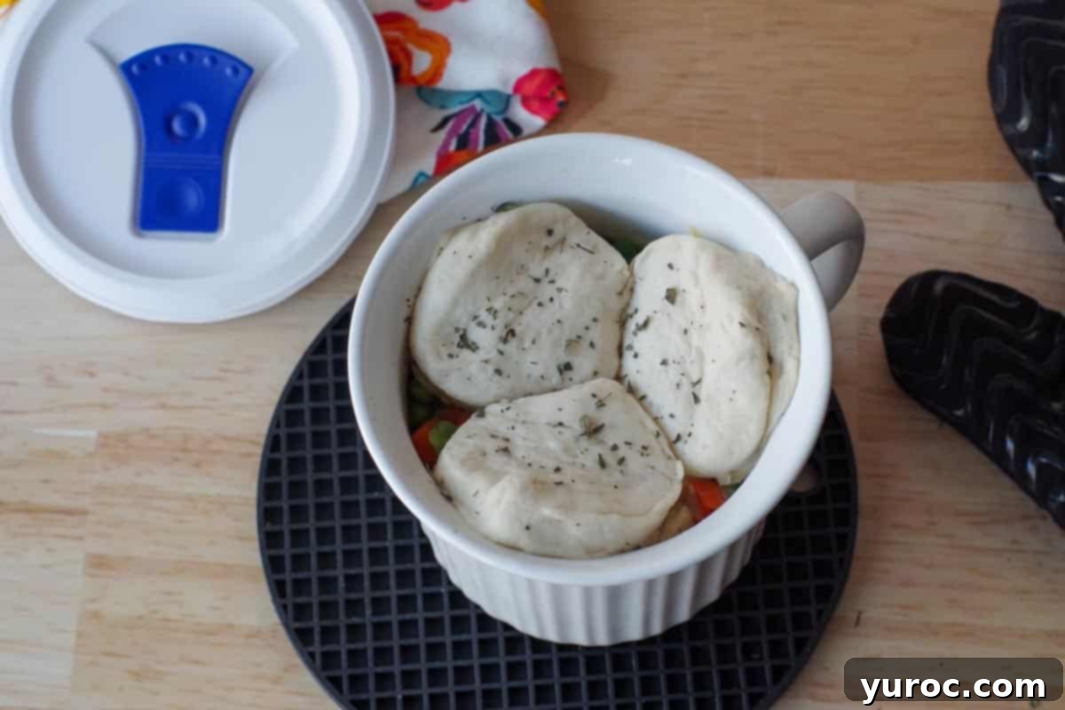 chicken pot pie with biscuits with herbs on top