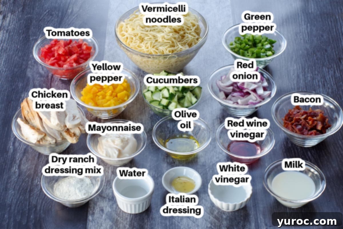 Ultimate Creamy Bacon Ranch Chicken Pasta Salad 2 ingredients for chicken bacon pasta ranch salad in glass bowls, labelled