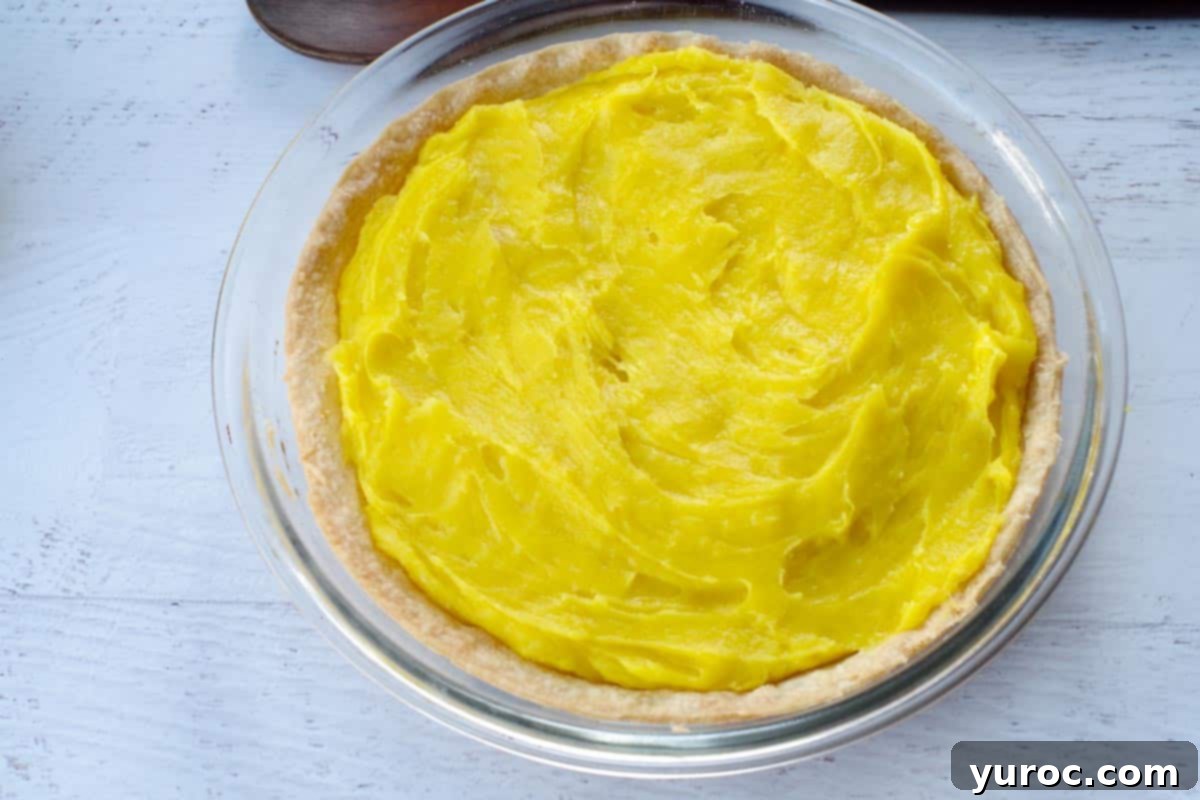 Lemon pie filling evenly spread into a perfectly baked and cooled pie shell.