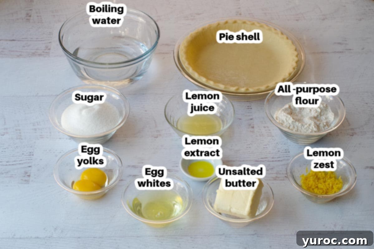 Individual ingredients for old fashioned lemon pie, neatly arranged and labeled in glass dishes on a wooden surface.