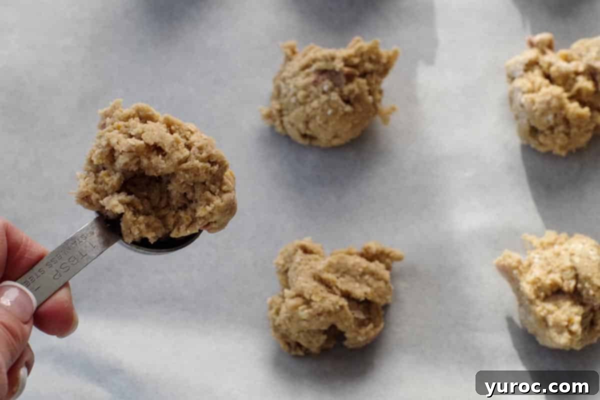 Sweet & Tart Rhubarb Oat Cookies 11 A tablespoon holds a generous scoop of rhubarb oatmeal cookie dough, with a bowl of more dough visible in the soft focus background.