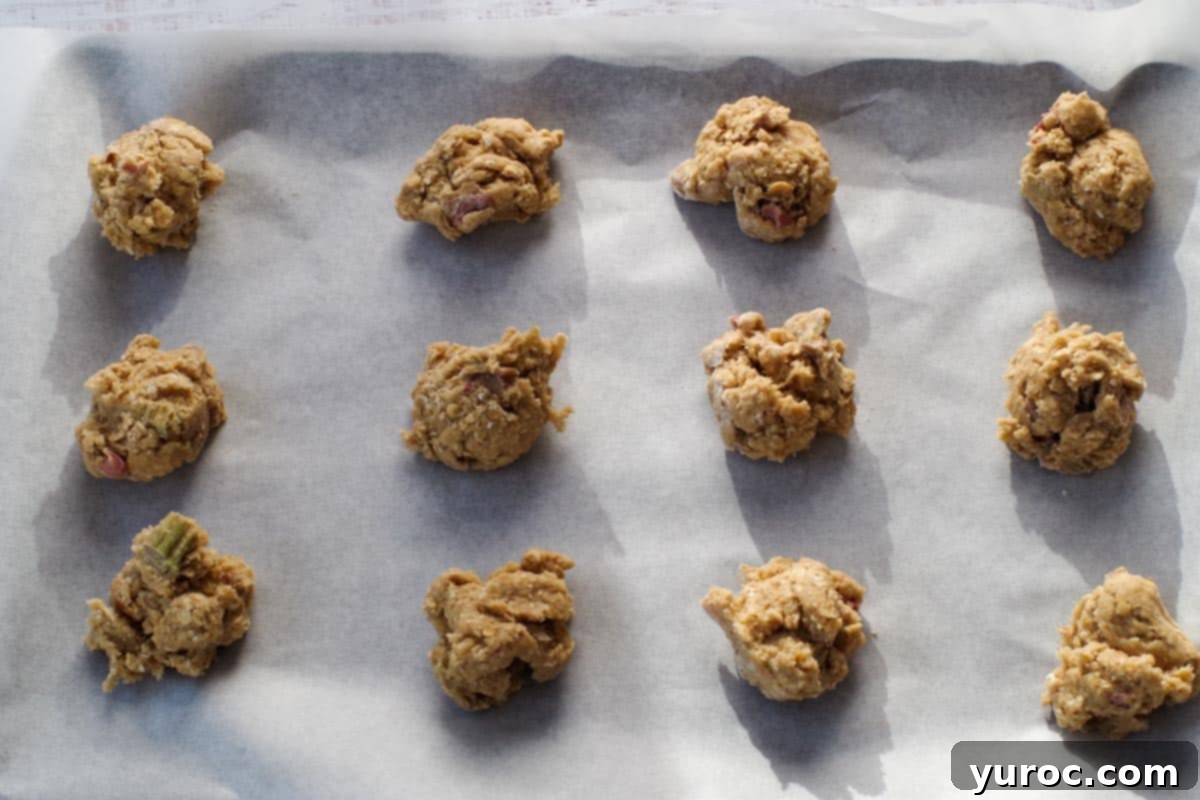 Sweet & Tart Rhubarb Oat Cookies 12 Numerous scoops of rhubarb oatmeal cookie dough are neatly arranged in heaping tablespoons on a parchment-lined baking sheet, ready for the oven.