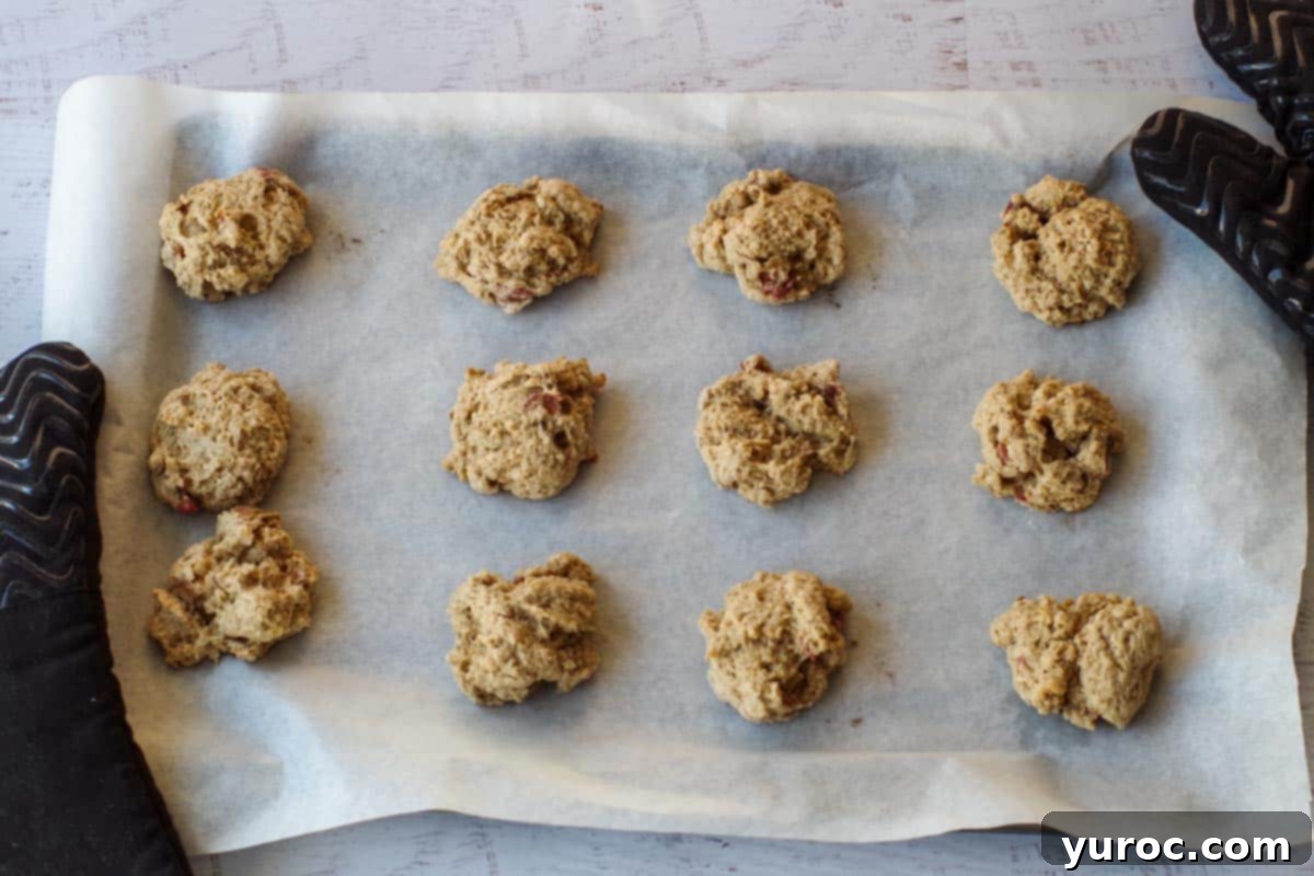 Sweet & Tart Rhubarb Oat Cookies 13 Freshly baked rhubarb oatmeal cookies, golden brown and perfectly round, cool on a parchment-covered baking sheet straight out of the oven.