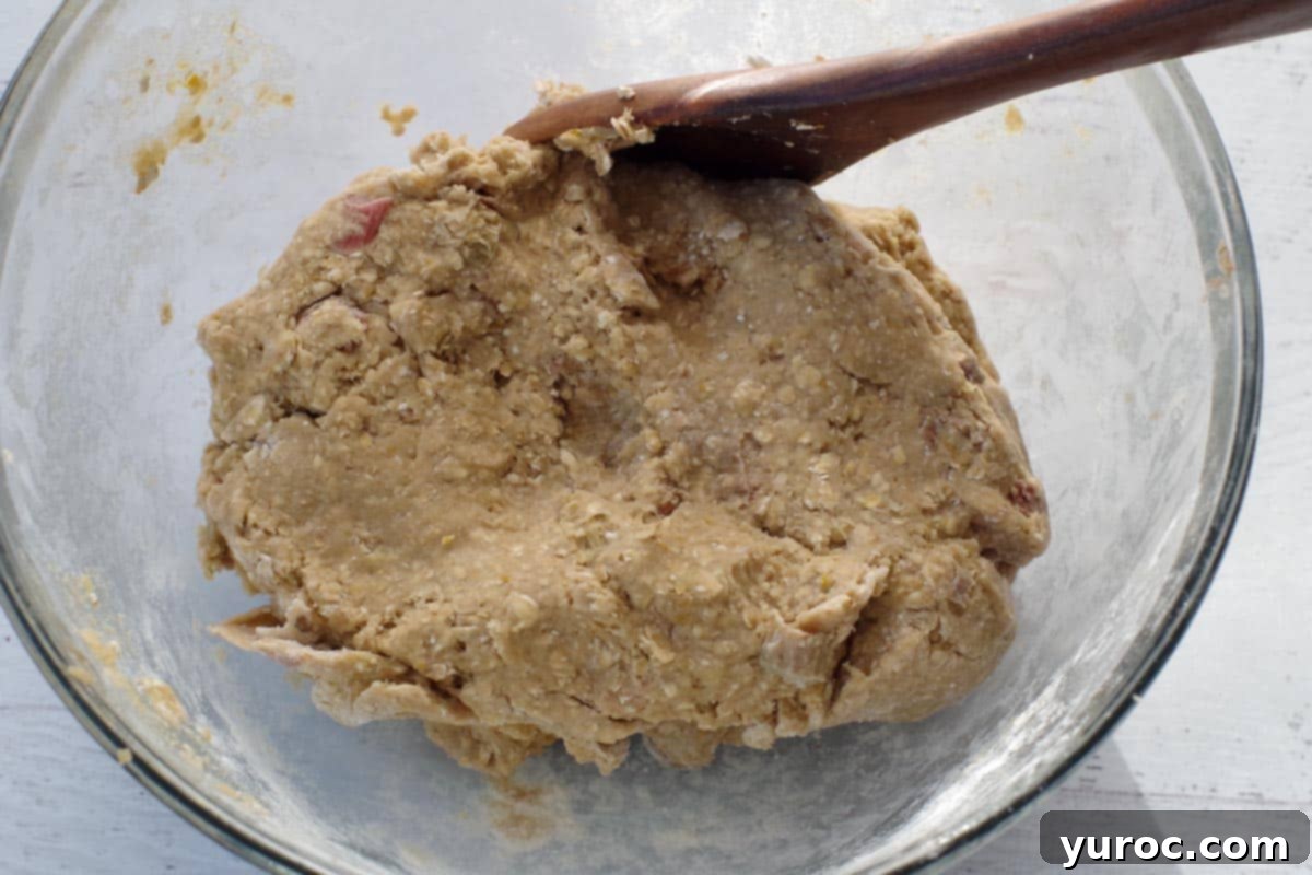 Sweet & Tart Rhubarb Oat Cookies 10 A glass bowl filled with fully mixed rhubarb oatmeal cookie dough, featuring visible oats and pink rhubarb pieces, with a dark brown wooden spoon resting in it.