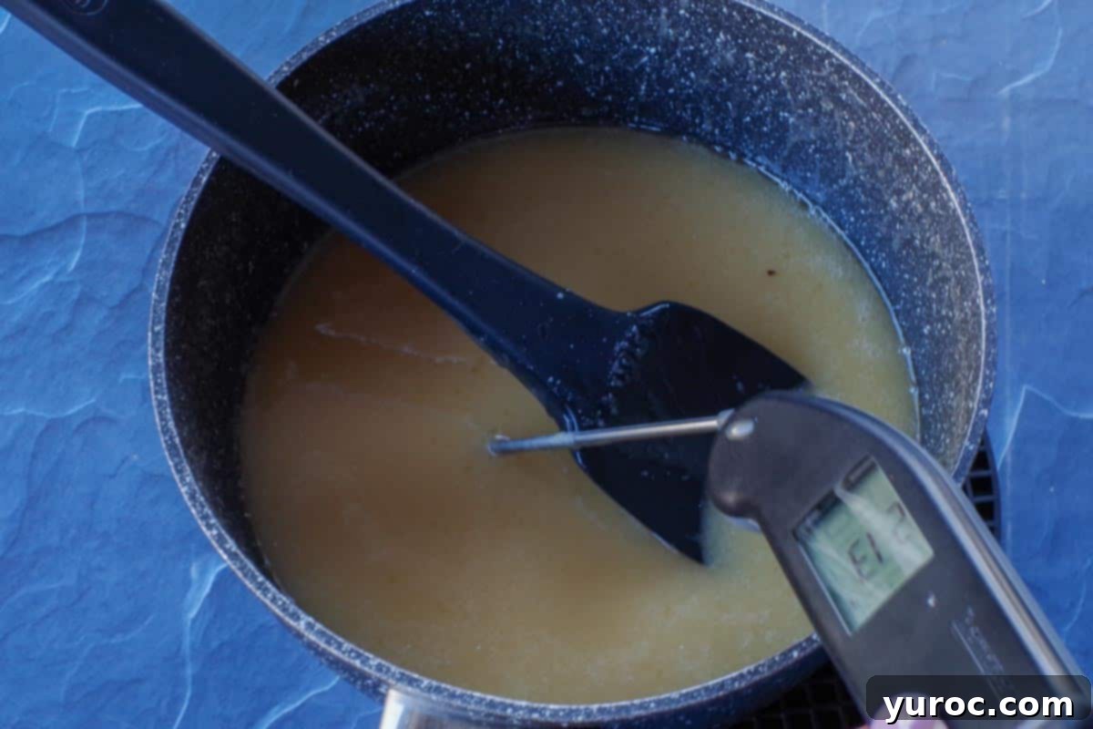 Decadent Salted Soft Butter Toffee 8 An instant-read thermometer accurately measuring the precise temperature of the toffee mixture in a saucepan, ensuring perfect consistency.