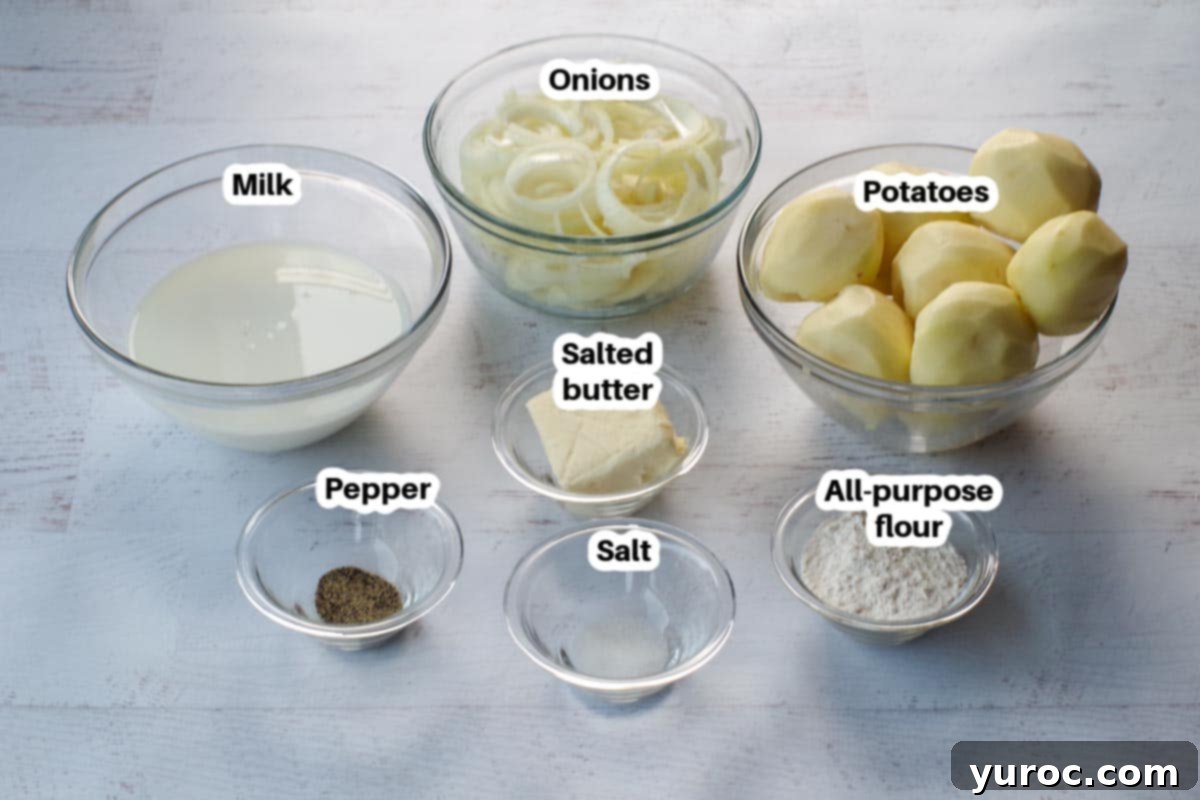 ingredients in scalloped potatoes without cheese in glass bowls, labelled
