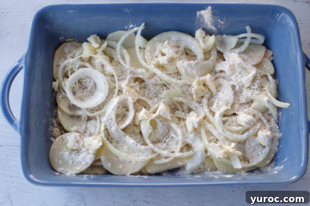 butter, flour and salt and pepper on top of first layer of onions and potatoes in blue casserole dish
