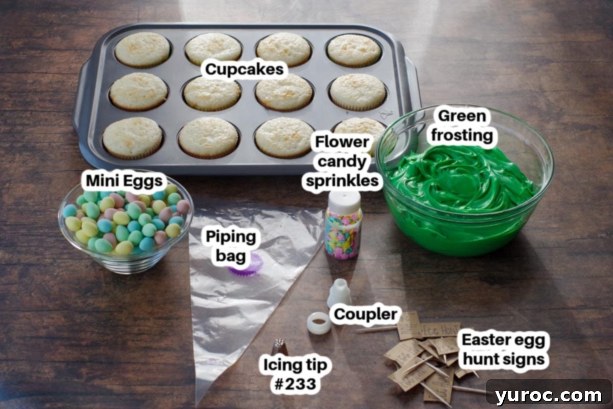 Mini Egg Hunt Cupcake Treasures 2 A curated selection of ingredients for mini egg cupcakes, neatly arranged on a rustic brown surface and clearly labeled for easy identification.