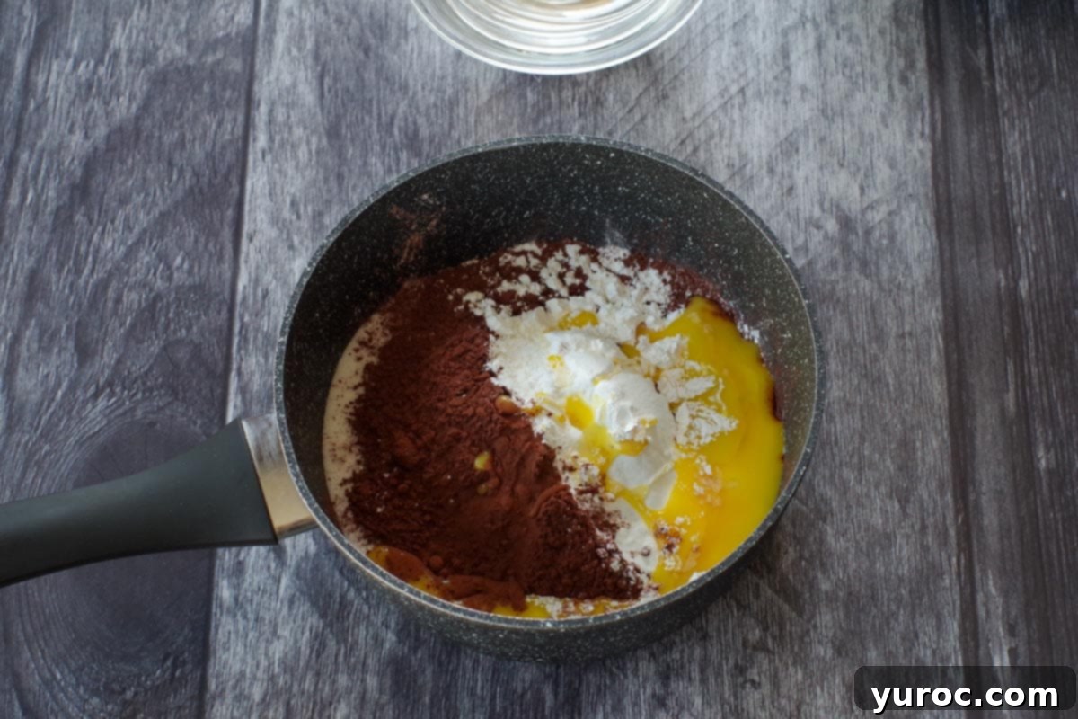 Timeless Chocolate Pie 4 Ingredients for chocolate pie filling mixed in a pot