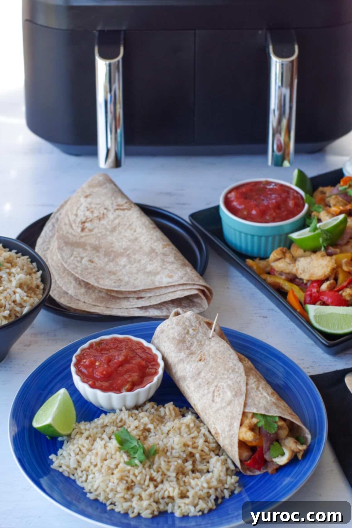 a blue plate with a fajita wrap and rice, then a tray of fajita mix, tortillas, rice and a Ninja foodi air fryer in the background