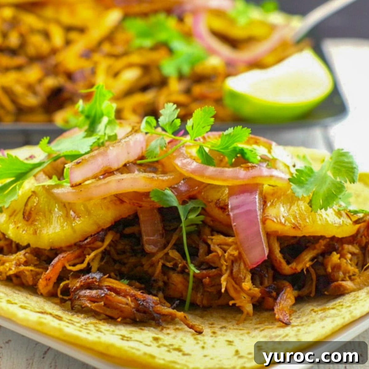 pineapple carnitas on a white surface with tray of more carnitas in the background