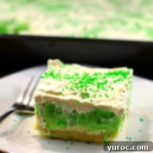pistachio pudding dessert on a white plate with a fork, with a container of pistachio pudding dessert in the back