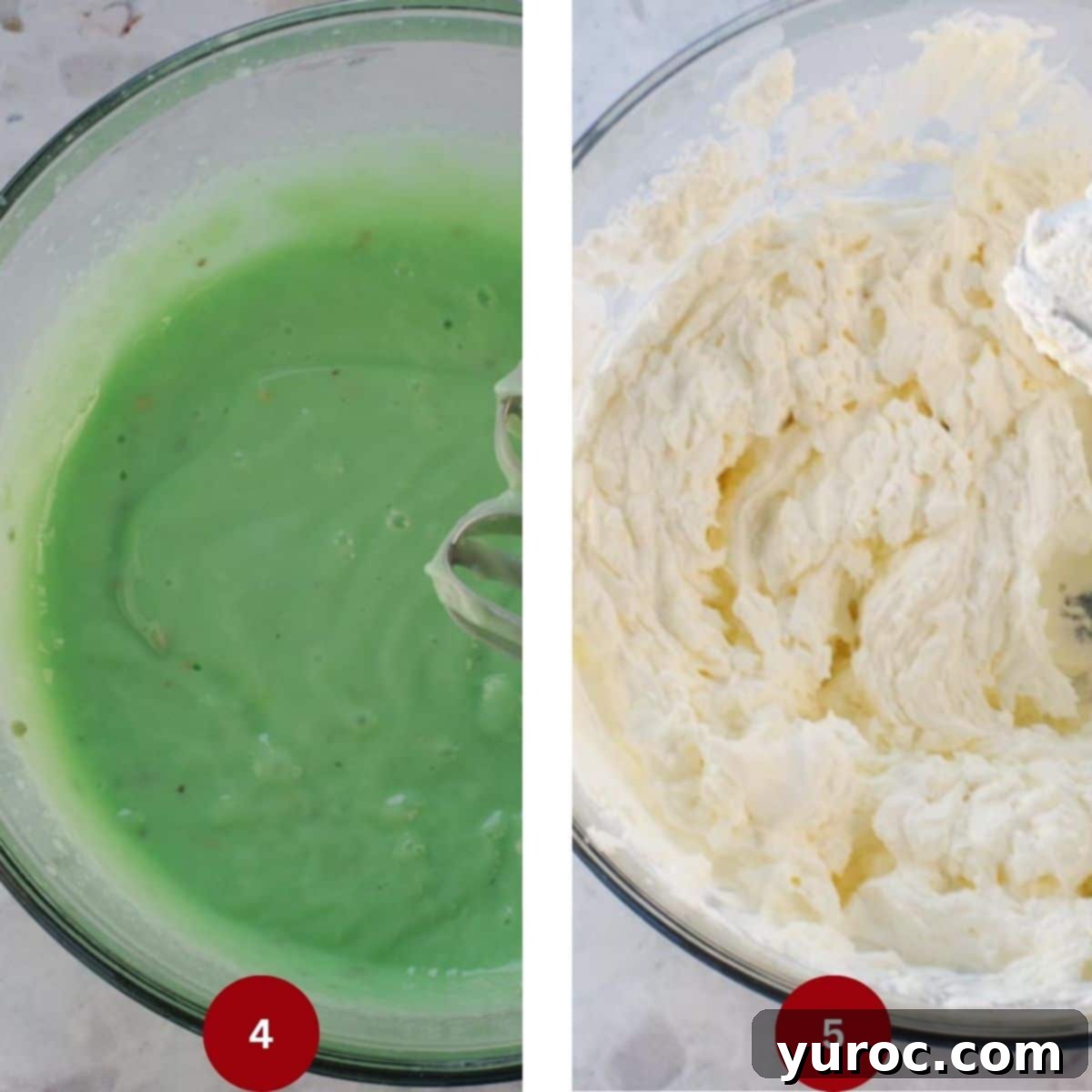 Collage of 2 photos of pistachio and cream cheese layers being made.