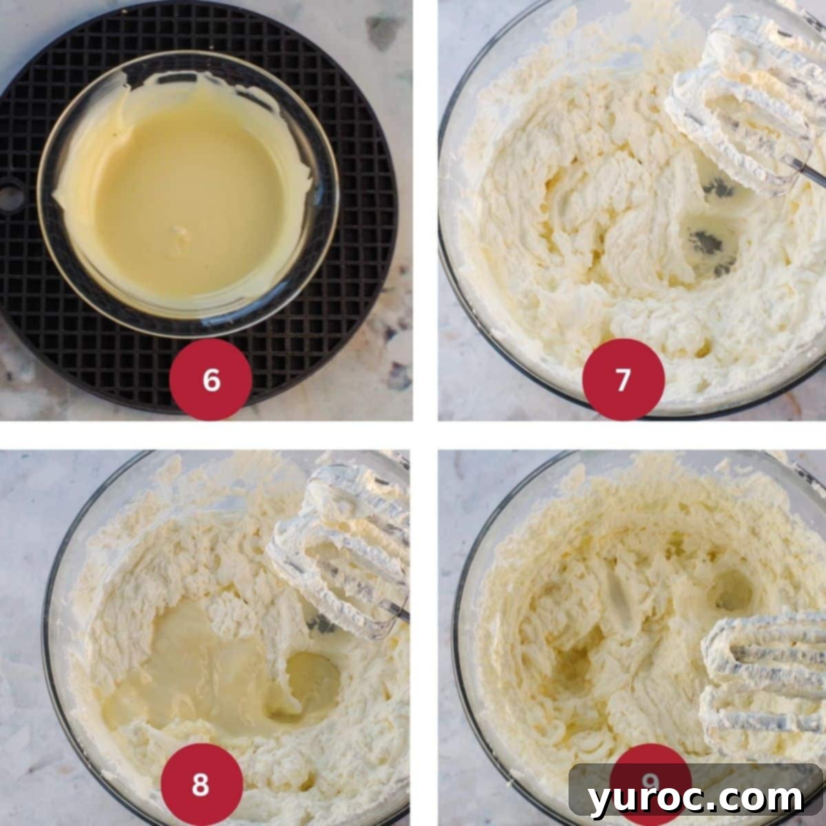 Collage of 4 photos of white chocolate whipped cream being made.