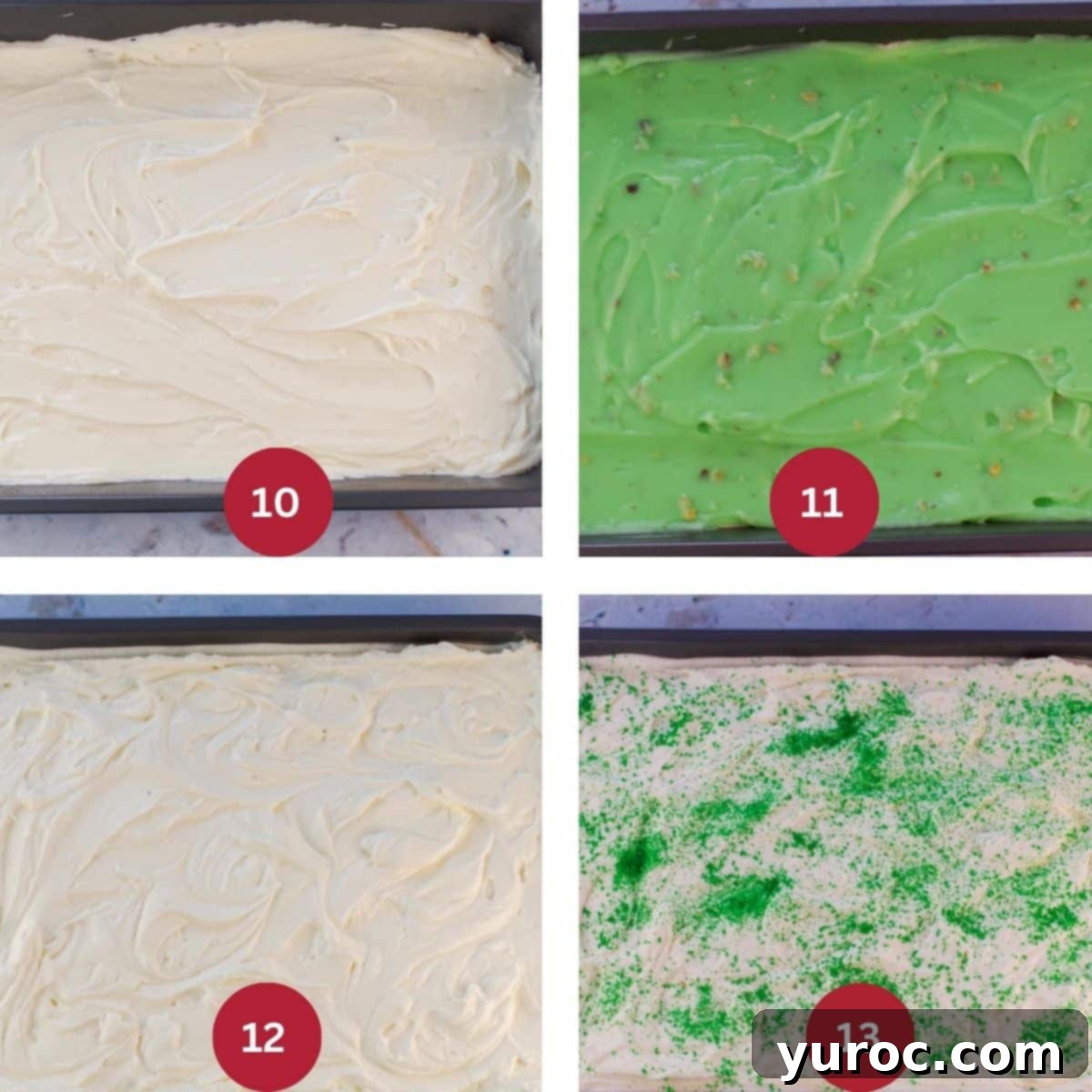 Collage of 4 photos of pistachio dessert being assembled.