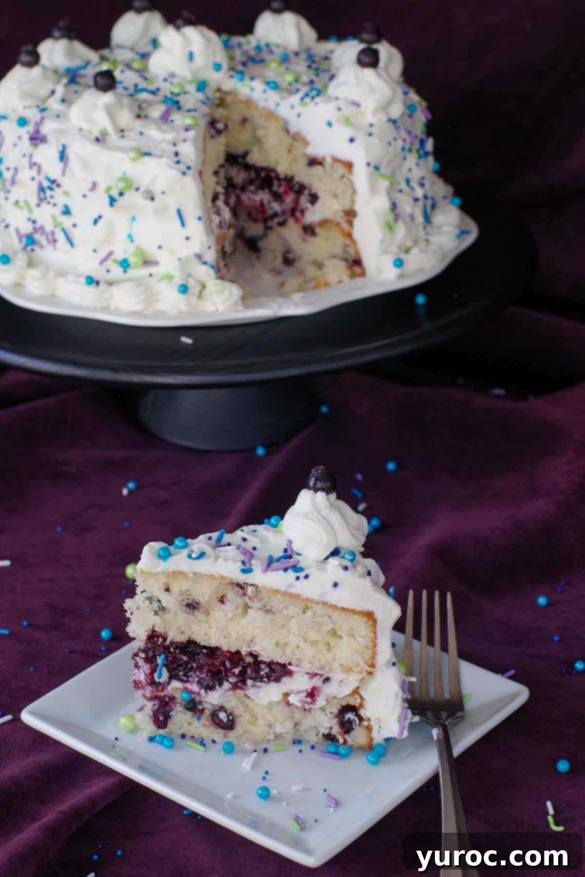 A perfectly sliced piece of Saskatoon berry cake on a pristine white plate, with the remainder of the beautifully frosted whole cake visible in the background, showcasing its delicious layers and berry filling.