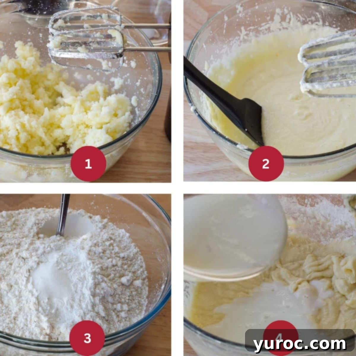 A four-photo collage showing the initial stages of cake batter preparation: creaming butter and sugar, mixing emulsion into milk, combining dry ingredients, and alternating wet and dry additions.