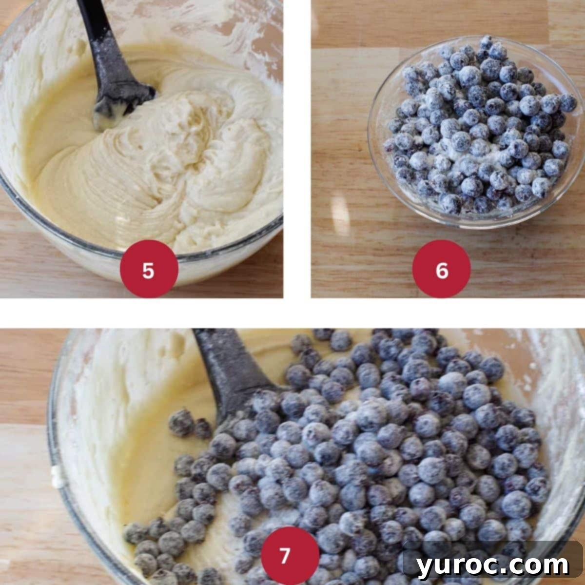 A three-photo collage illustrating the final steps of preparing the Saskatoon berry cake batter: mixing with an electric mixer, tossing berries with flour, and gently folding berries into the batter.