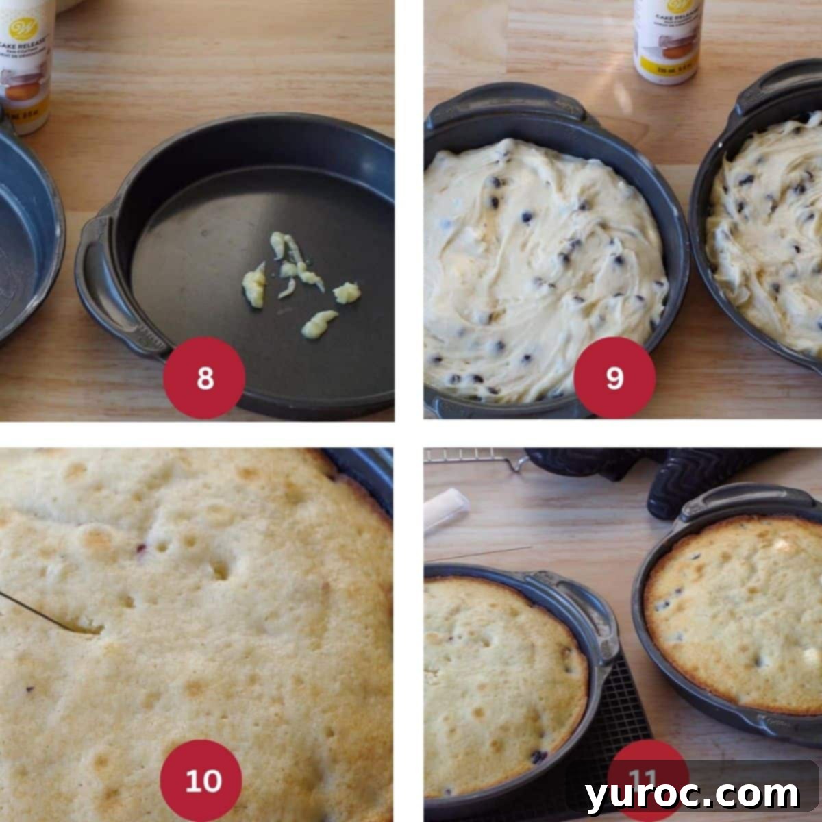 A four-photo collage showcasing the baking process for the Saskatoon berry cake: greasing pans, dividing batter, the golden-brown baked cakes, and cooling in pans.