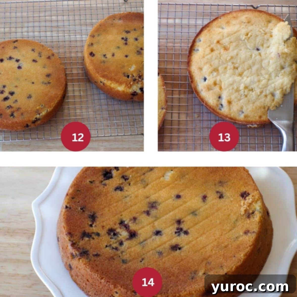 A three-photo collage demonstrating the cooling and leveling steps for Saskatoon berry cake layers: cooling on a wire rack, slicing off the dome to level the cake, and placing a leveled layer face down.
