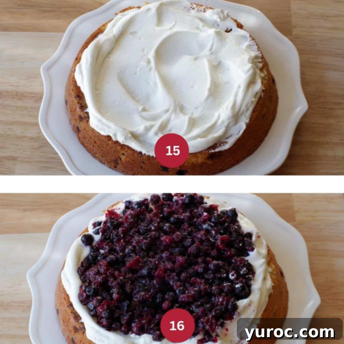 A two-photo collage illustrating the filling of the Saskatoon Berry Cake: adding a thick layer of whipped cream frosting, and then carefully spreading the Saskatoon berry mixture, leaving a border.
