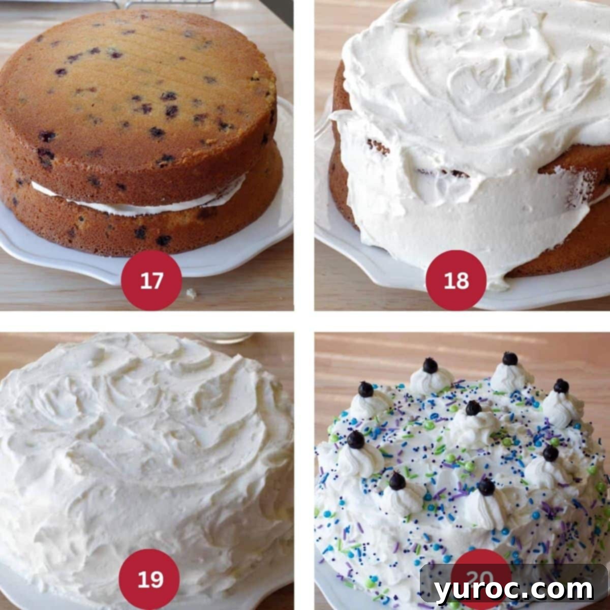 A four-photo collage demonstrating the assembly, frosting, and final decoration of the Saskatoon Berry Cake: placing the second layer, applying crumb coat, full frosting, and adding sprinkles and berries.