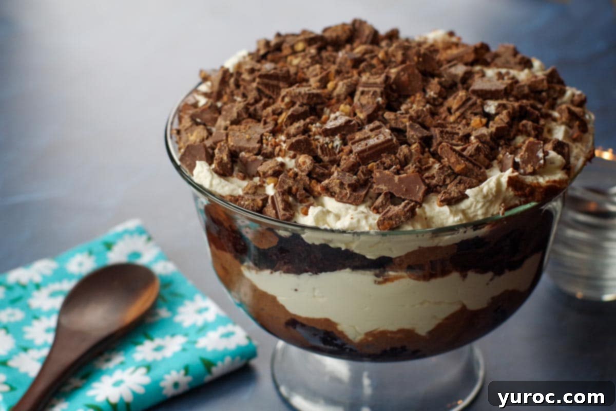 Kahlua-Spiked Death by Chocolate Trifle 2 death by chocolate trifle on a blue surface with small glass bowls in the background and a tea towel with a wooden spoon on the side