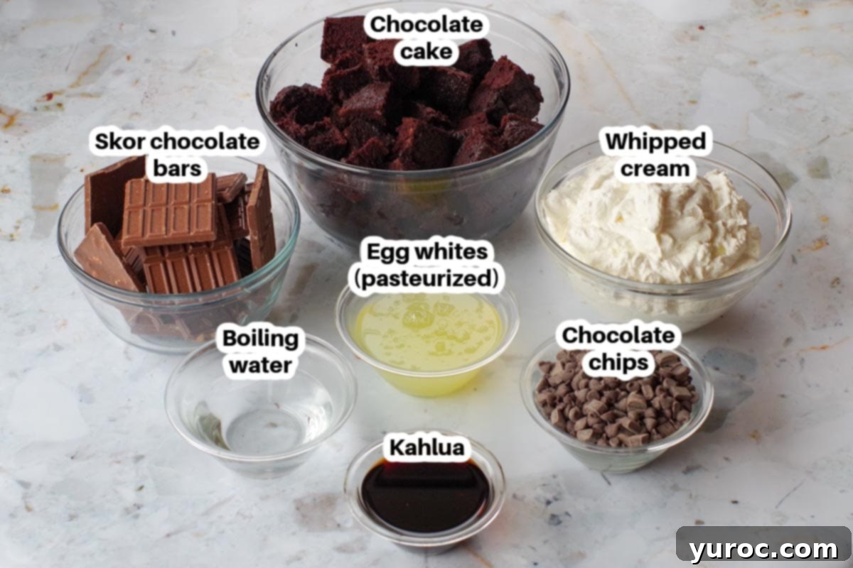 Kahlua-Spiked Death by Chocolate Trifle 3 ingredients in death by chocolate trifle, in glass bowls, labelled