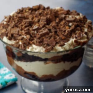 Kahlua-Spiked Death by Chocolate Trifle 17 death by chocolate trifle on a blue surface with small glass bowls in the background and a tea towel with a wooden spoon on the side
