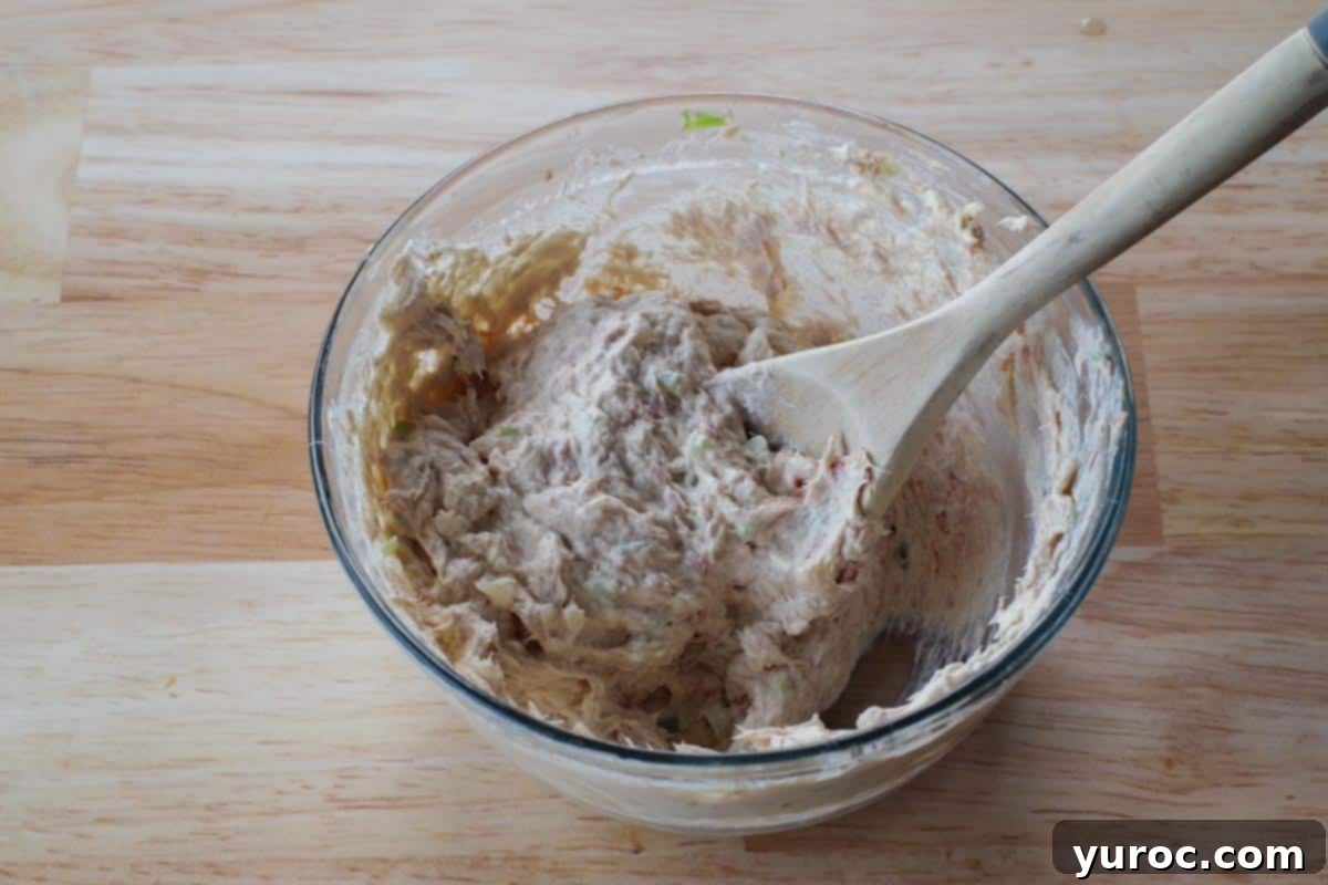 Creamy Tuna Dip 5 Tuna dip mixture, now thoroughly combined into a creamy texture, in a glass bowl with a wooden spoon.