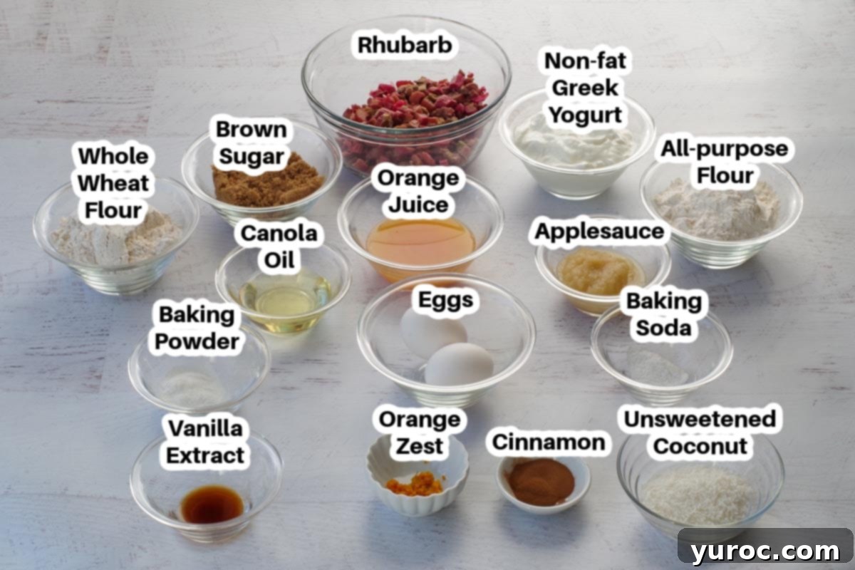ingredients in rhubarb bread in glass dishes, labelled