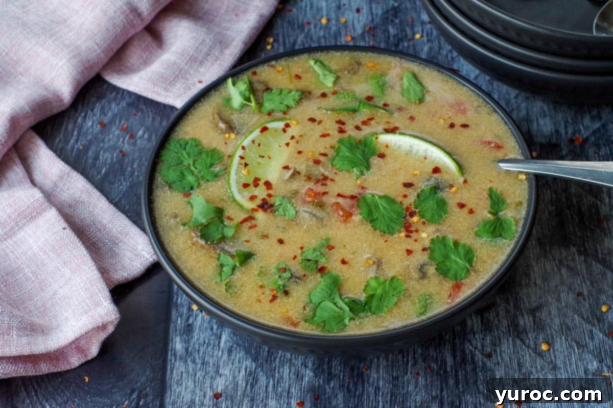 Creamy Thai Coconut Chicken Simmer 1 Slow cooker Thai chicken soup in a black bowl with a spoon and more bowls in the background, garnished with fresh herbs