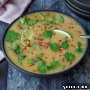 Creamy Thai Coconut Chicken Simmer 8 Slow cooker Thai chicken soup in a black bowl with a spoon and more bowls in the background, garnished with fresh herbs