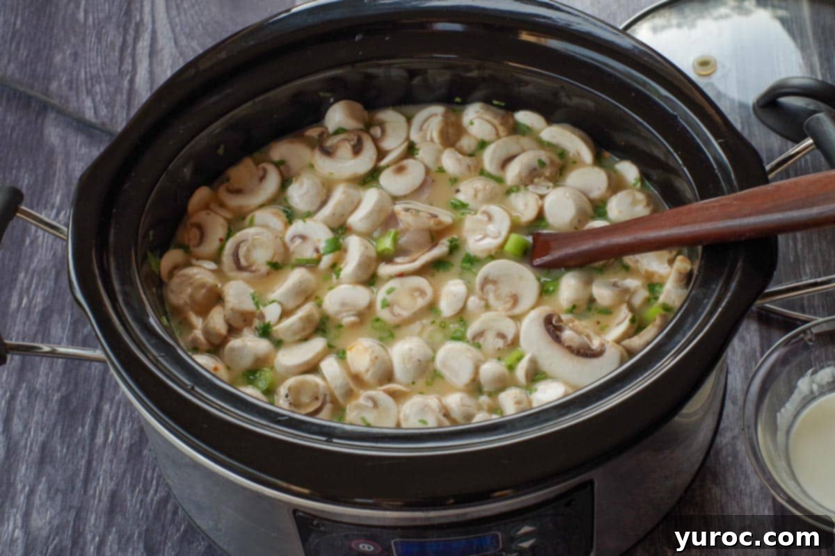 Creamy Thai Coconut Chicken Simmer 4 Ingredients for Thai chicken soup thoroughly mixed in the slow cooker, showing the curry paste dissolved into the liquid