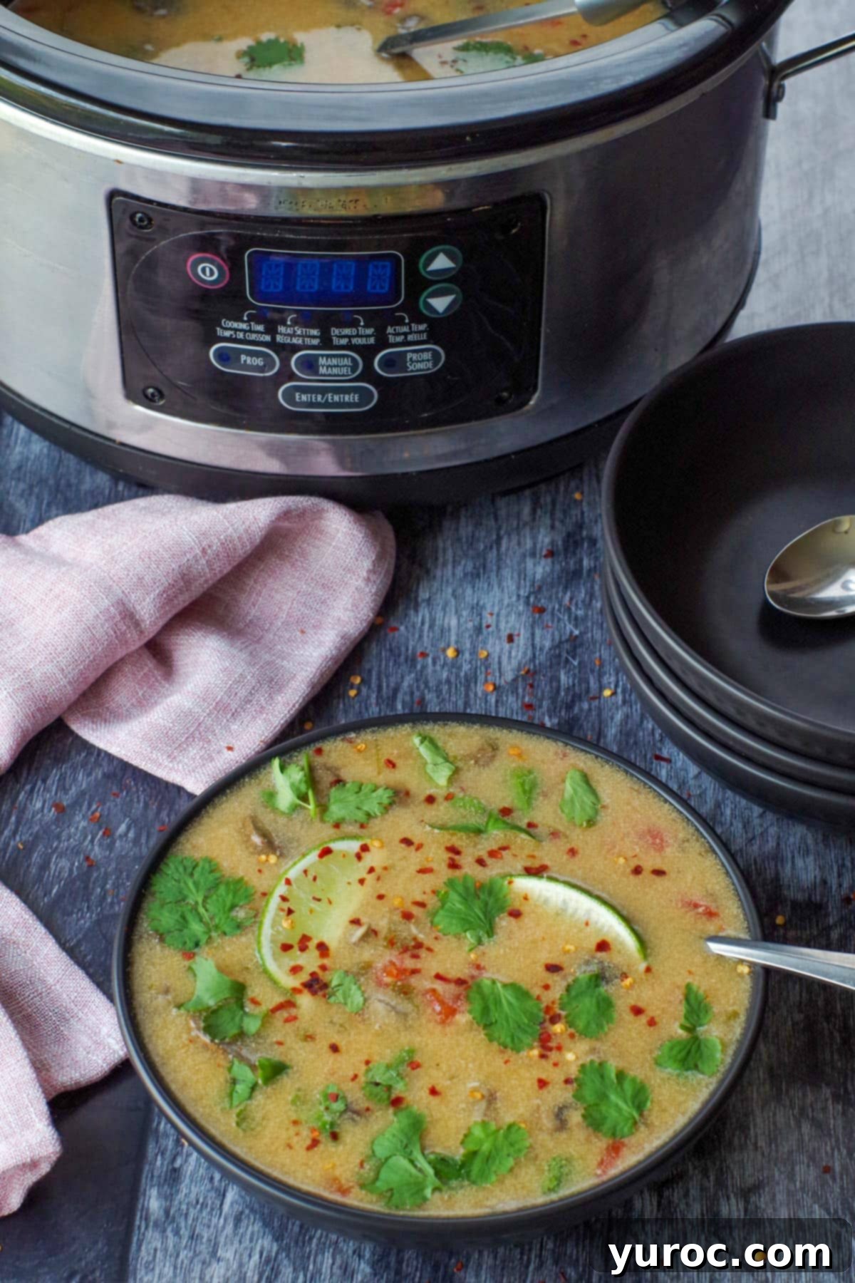 Creamy Thai Coconut Chicken Simmer 7 A full black bowl of slow cooker Thai chicken soup, with more serving bowls and the slow cooker itself blurred in the background, ready for serving