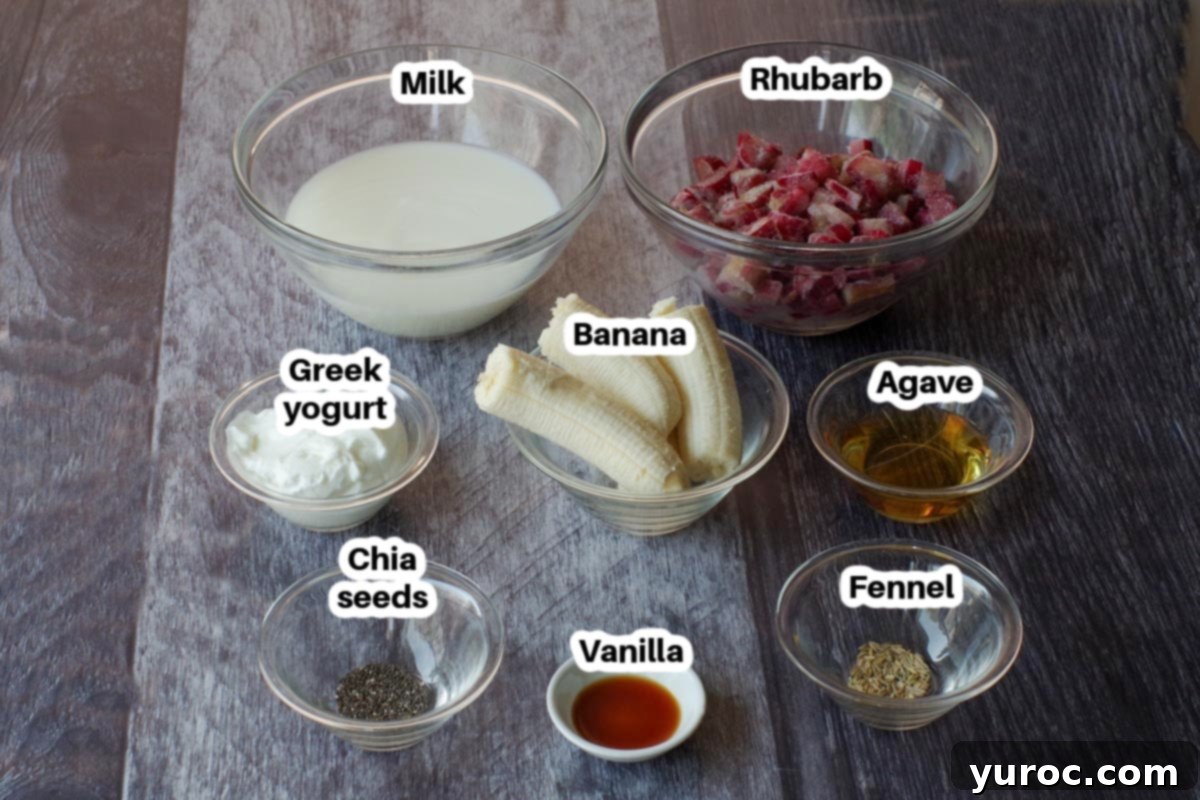 Neatly arranged ingredients for a rhubarb smoothie in glass dishes, all clearly labelled
