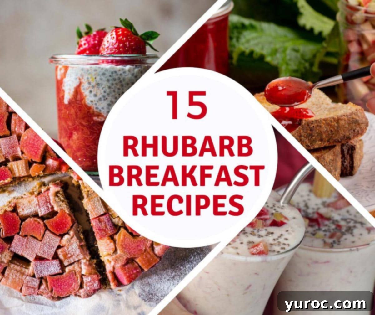 Beyond the Pie: 15 Irresistible Rhubarb Breakfast Creations 1 collage of 4 photos of breakfast rhubarb recipes, with red text on white background