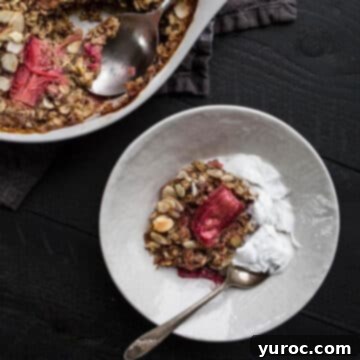 baked rhubarb oatmeal in a white dish with a spoon (on black surface) with container of rhubarb oatmeal in the background