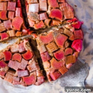 round rhubarb cake cut into 4 pieces on parchment paper
