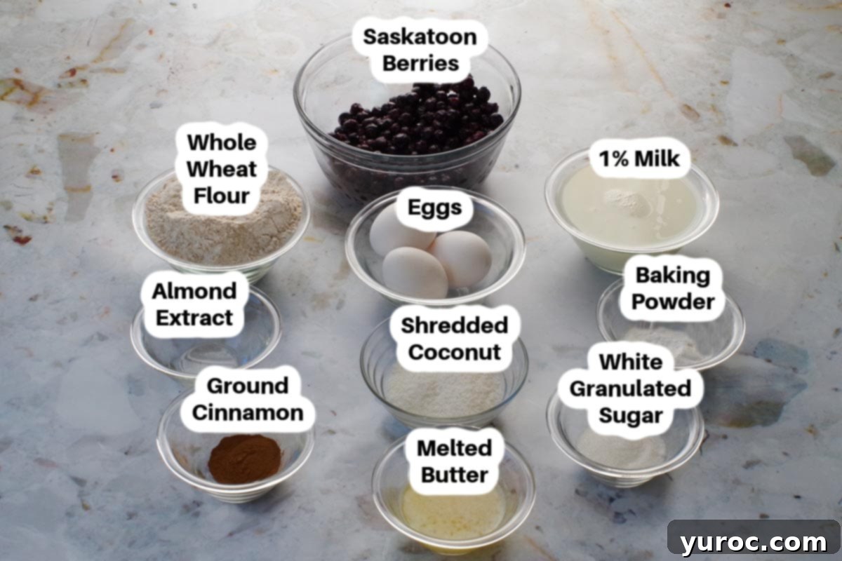 Individual glass bowls containing the ingredients for healthy Saskatoon Berry Pancakes, clearly labelled for easy identification.