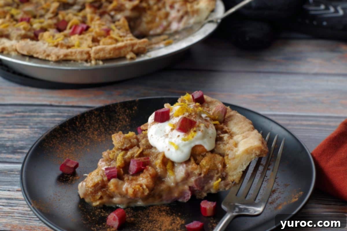 A perfectly baked slice of Rhubarb Sour Cream Pie with a fork, showing the creamy filling and crunchy topping, with the whole pie blurred in the background.